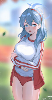 1girl :d absurdres ako_(blue_archive) ako_(track)_(blue_archive) artist_name backlighting blue_archive blue_eyes blue_hair blue_halo blue_pupils blurry blurry_background blush breasts buruma chinese_commentary commentary_request cowboy_shot dated day double-parted_bangs falling_leaves gym_uniform hair_behind_ear hair_between_eyes hairband halo highres jacket large_breasts leaf looking_at_viewer medium_hair official_alternate_costume open_clothes open_jacket open_mouth outdoors red_buruma red_hairband shangdi_de_fa_zhang shirt smile thighs track_jacket white_shirt