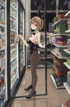1girl absurdres alcohol animal_ear_hairband animal_ears bad_id bad_pixiv_id bare_arms bare_shoulders beer black_bow black_bowtie black_hairband black_leotard black_nails black_pantyhose black_shoes blonde_hair blush bow bowtie brown_eyes convenience_store detached_collar drink fake_animal_ears fake_tail fishnet_pantyhose fishnets from_side hair_between_eyes hairband high_heels highres holding holding_drink leotard looking_at_viewer money_between_breasts muginosa open_mouth original pantyhose playboy_bunny rabbit_ear_hairband rabbit_ears rabbit_tail shoes shop short_hair solo strapless strapless_leotard tail wrist_cuffs