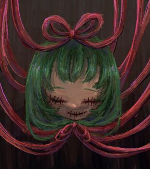 Rule 34 | 1girl, absurdres, choppy bangs, closed eye, front ponytail, hair ribbon, head only, highres, impressionism, kagiyama hina, monochrome background, omaega chan, out of frame, red ribbon, ribbon, short bangs, solo, stitched eye, stitched mouth, stitches, straight-on, touhou