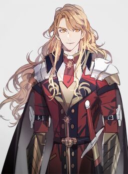 Rule 34 | 1boy, arm belt, armor, belt, belt buckle, black cape, buckle, cape, closed mouth, coat, collared shirt, cowboy shot, ferdinand von aegir, ferdinand von aegir (timeskip), fire emblem, fire emblem: three houses, grey background, grey cape, hair intakes, lapels, long hair, looking to the side, male focus, necktie, nintendo, orange eyes, parted hair, pauldrons, red coat, red necktie, shirt, shoulder armor, sideways glance, simple background, smile, solo, sword, tsukimura noe, two-sided cape, two-sided fabric, very long hair, wavy hair, weapon, white shirt