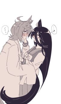 Rule 34 | ..., 2girls, absurdres, agnes tachyon (umamusume), animal ears, blush, bow, bowtie, commentary request, gachitamago, highres, horse ears, horse girl, horse tail, lab coat, looking at another, manhattan cafe (umamusume), medium hair, multiple girls, musical note, parted lips, pleated skirt, school uniform, simple background, skirt, spoken ellipsis, spoken musical note, sweat, tail, tracen school uniform, umamusume, white background, yuri