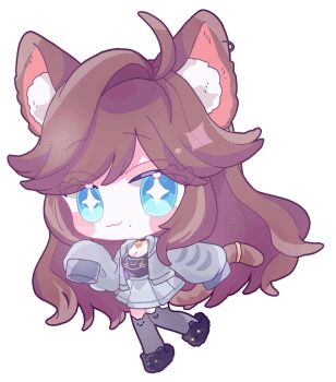 +_+ 7gatutrpg animal_ears bell blue_eyes brown_hair cat_ears chelzor_the_destroyer chibi collar highres indie_virtual_youtuber long_hair long_sleeves neck_bell non-web_source pleated_skirt puffy_long_sleeves puffy_sleeves skirt slippers tail tail_ornament tail_ring tank_top thighhighs virtual_youtuber