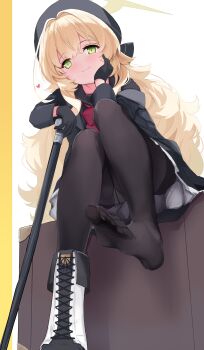 1girl absurdres black_gloves black_pantyhose blonde_hair blue_archive boots feet foot_focus gloves green_eyes halo hamiro hat highres long_hair looking_at_viewer pantyhose professor_niyaniya_(blue_archive) single_boot sitting soles solo toe_seam toes white_background