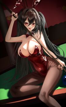 1girl absurdres animal_ear_hairband animal_ears azur_lane ball bare_shoulders billiard_ball black_hair black_pantyhose blush bow bowtie breasts cleavage collarbone commentary crossed_bangs cue_stick detached_collar eunwxx_u fake_animal_ears hair_between_eyes hair_ornament hairband highres large_breasts leotard long_hair looking_at_viewer official_alternate_costume pantyhose playboy_bunny pool_table rabbit_ear_hairband rabbit_ears red_bow red_bowtie red_eyes red_leotard sitting smile solo table taihou_(azur_lane) taihou_(fun_on_the_baize)_(azur_lane) tongue tongue_out very_long_hair