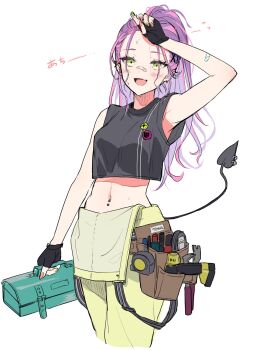 1girl bandaid bandaid_on_face bandaid_on_nose demon_tail ear_piercing green_eyes hair_ornament hairclip highres hololive long_hair midriff multicolored_hair navel_piercing overalls piercing ponytail purple_hair sai_(saiqun_31) screwdriver solo sweat tail tokoyami_towa tool_belt toolbox tools virtual_youtuber white_background wrench