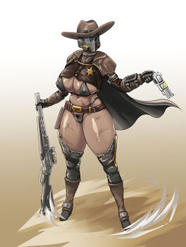 Rule 34 | 1girl, absurdres, bandolier, belly, belt, belt buckle, bikini, black cape, black chaps, boots, breasts, brown belt, brown capelet, buckle, cape, capelet, chaps, cleavage, commentary request, covered erect nipples, cowboy hat, curvy, dark-skinned female, dark skin, female pubic hair, full body, gun, handgun, hat, helldiver (helldivers), helldivers (series), helmet, highres, holding, holding gun, holding weapon, holster, huge breasts, knee boots, lever action, little sun, micro bikini, navel, planted, planted gun, pubic hair, pubic hair peek, revolver, rifle, scar, scar on leg, sheriff (western), sheriff badge, shiny skin, solo, sweat, swimsuit, thick thighs, thigh holster, thighs, thong, thong bikini, weapon, wide hips