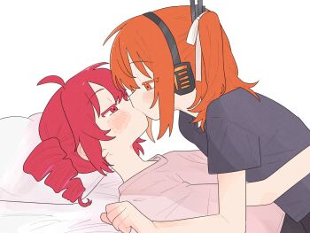 2girls a.i._voice adachi_rei black_shirt blush commentary drill_hair hashtag-only_commentary headphones highres kasane_teto kiss medium_hair multiple_girls ofo_j1 orange_eyes orange_hair pillow pink_shirt red_eyes red_hair ribbon shirt simple_background twin_drills utau white_background white_ribbon yuri