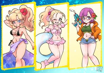 3girls alternate_costume arm_behind_head ayla_(chrono_trigger) bare_shoulders barefoot bikini bikini_skirt black_bikini blonde_hair blue_eyes blunt_bangs blunt_ends breasts chrono_trigger cleavage closed_mouth cowboy_shot curly_hair denim denim_shorts detached_sleeves flower frilled_bikini frills glasses green_background hair_flower hair_ornament hair_ribbon hibiscus holding holding_swim_ring holding_water_gun hood hoodie innertube long_hair lucca_ashtear marle_(chrono_trigger) medium_breasts microskirt midriff multiple_girls navel one_eye_closed open_fly orange_hoodie parted_lips pink_bikini pink_ribbon ponytail puffy_short_sleeves puffy_sleeves purple_hair purple_sarong red_flower ribbon sarong shikiwo short_hair short_shorts short_sleeves shorts sideboob sidelocks sign skirt swim_ring swimsuit water_gun