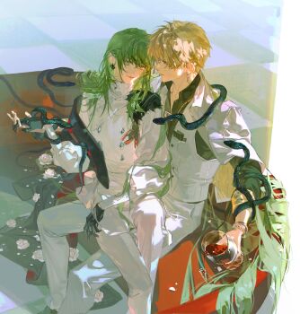 1boy 1other absurdres blonde_hair couch cup drinking_glass earrings enkidu_(celebratory_attire)_(fate) enkidu_(fate) fate/grand_order fate_(series) feet_out_of_frame genren_jiu_qu gilgamesh_(fate) gloves green_eyes green_hair highres holding holding_cup holding_hands jewelry long_hair long_sleeves necklace on_couch other_with_male pants red_eyes shirt short_hair sitting sitting_on_lap sitting_on_person smile snake snake_wrapped_around_arm snake_wrapped_around_neck very_long_hair vest wine_glass
