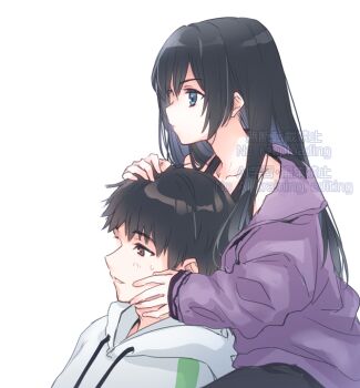 1boy 1girl 9s_(yamamoto_yamato) black_dress black_hair blue_eyes brown_eyes closed_mouth drawstring dress hair_between_eyes hood hood_down hoodie jacket long_hair long_sleeves mineshima_yuu mizuki_riko open_clothes open_jacket parted_lips puffy_long_sleeves puffy_sleeves purple_jacket sakagami_touma simple_background small_sweatdrop sweat very_long_hair watermark white_background white_hoodie