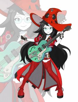 1girl absurdres black_hair boots buck_teeth colored_skin cosplay fingerless_gloves gloves green-tinted_eyewear guilty_gear guitar hat highres holding holding_guitar holding_instrument homestuck i-no i-no_(cosplay) instrument jacket jade_harley kasage_(rch07) looking_at_viewer midriff open_clothes open_jacket red_boots red_hat red_leather teeth thigh_boots thigh_strap tinted_eyewear white_skin zoom_layer
