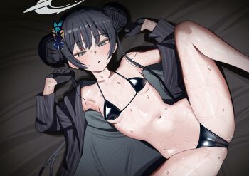 absurdres bikini black_bikini black_gloves black_hair black_jacket blue_archive breasts butterfly_hair_ornament double_bun gloves grey_eyes grey_hair hair_bun hair_ornament highres jacket kisaki_(blue_archive) long_hair lying n5995_4884 navel on_back open_clothes open_jacket small_breasts spread_legs stomach striped_clothes striped_jacket sweat swimsuit twintails vertical-striped_clothes vertical-striped_jacket