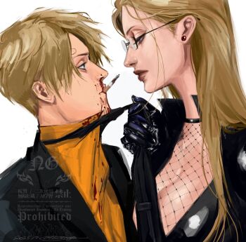 Rule 34 | 1boy, 1girl, assertive female, between breasts, blonde hair, breasts, cigarette, facial hair, goatee, highres, kalifa (one piece), large breasts, long hair, looking at another, mustache stubble, necktie, necktie between breasts, one piece, popsweetyio, sanji (one piece), stubble