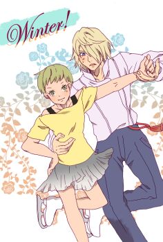 1boy 1girl bjork528 blonde_hair blue_eyes blue_pants closed_mouth commentary_request english_text eyelashes fingernails flower green_eyes grey_skirt hair_over_one_eye hand_on_another's_hip huang_pao-lin ice_skates ivan_karelin open_mouth pants shirt short_hair short_sleeves skates skirt smile standing standing_on_one_leg tiger_&amp;_bunny very_short_hair white_shirt yellow_shirt