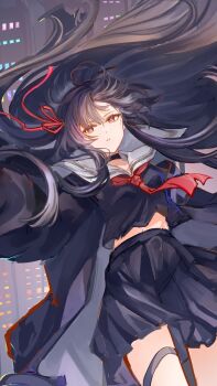 1girl arm_cutout black_choker black_hair black_serafuku black_shirt black_skirt chinese_commentary chisa_(wuthering_waves) choker clothing_cutout commentary_request hair_ribbon highres long_hair mole mole_under_eye neckerchief red_eyes red_neckerchief red_ribbon ribbon sailor_collar school_uniform serafuku shirix shirt skirt solo white_sailor_collar wuthering_waves