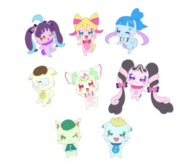 Rule 34 | 3boys, 5girls, :d, @est@, animalization, aokaze nana, blonde hair, blue eyes, blue hair, bow, commentary request, cuttin (fairy) (precure), glasses, hair bow, hat, kimi to idol precure, looking at viewer, meroron (fairy) (precure), multicolored hair, multiple boys, multiple girls, no humans, one eye closed, open mouth, pink bow, pink hair, precure, purirun (fairy) (precure), purple eyes, purple hair, sakura uta (precure), shigure kokoro, simple background, smile, tanakhan, twintails, unicorn, white background, zakkurin (fairy) (precure)