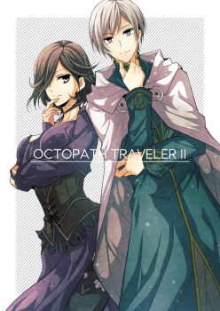 1boy 1girl border breasts brown_hair cloak cowboy_shot crossed_arms dress green_robe grey_eyes grey_hair hair_over_one_eye hand_on_own_chin highres long_dress medium_breasts octopath_traveler octopath_traveler_ii purple_dress robe satsuki_(chaosmode) short_hair smile striped_background temenos_mistral throne_anguis white_border white_cloak