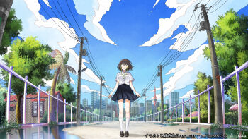 1girl arms_at_sides artist_name black_shoes black_skirt blue_sky brown_hair building chain-link_fence city closed_eyes closed_mouth cloud collared_shirt commentary_request commission day earphones fence highres house inika listening_to_music loafers miniskirt original outdoors palm_tree path pleated_skirt power_lines puddle reflection reflective_liquid road scenery school_uniform shirt shoes short_hair short_sleeves skirt sky skyline skyscraper smile socks solo standing straight-on summer summer_uniform transformer tree utility_pole water white_shirt white_socks