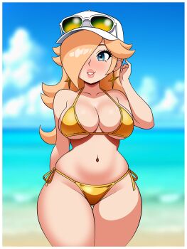 1girl absurdres bare_shoulders baseball_cap beach bikini blurry blurry_background blush breasts commentary cowboy_shot english_commentary eyewear_on_headwear gold_bikini hair_over_one_eye hat highres large_breasts long_hair mario_(series) mcarthur1010 nintendo ocean rosalina sand side-tie_bikini_bottom solo super_mario_galaxy swimsuit water white_hat