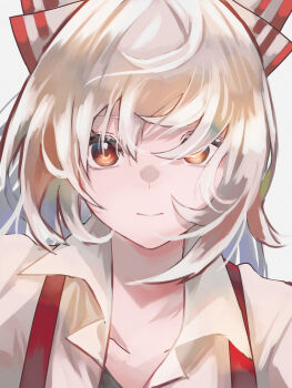 Rule 34 | 1girl, amateru, bow, collarbone, commentary, fujiwara no mokou, hair bow, hair over one eye, highres, long hair, looking at viewer, red bow, red eyes, shirt, simple background, solo, striped bow, suspenders, touhou, two-tone bow, upper body, white background, white bow, white hair, white shirt