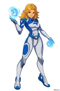 1girl absurdres artist_name blonde_hair blue_eyes bodysuit closed_mouth commentary earrings energy_ball english_commentary full_body highres jewelry looking_at_viewer marvel marvel_rivals medium_hair smgold smile solo standing sue_storm white_background white_bodysuit