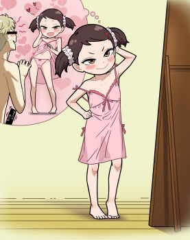 1boy 1girl animalmaster arm_up bar_censor barefoot becky_blackbell blonde_hair brown_eyes brown_hair cameltoe censored censored_identity censored_text closed_mouth commentary_request erection flat_chest hair_ornament hand_on_own_hip heart heart_hair_ornament highres loli looking_at_mirror mirror nightgown panties pink_nightgown pink_panties smile speech_bubble spy_x_family thought_bubble twilight_(spy_x_family) twintails underwear