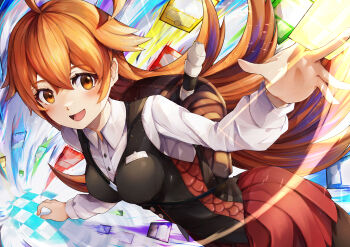 1girl absurdres ahoge between_breasts between_fingers black_vest breasts brown_bag brown_eyes brown_hair card card_between_fingers commentary_request duel_masters duel_masters_play's flute glowing_card highres holding holding_card huge_ahoge instrument kokko_rupiko long_hair long_sleeves open_mouth ra_mun5239 recorder red_skirt shirt skirt solo strap_between_breasts trading_card vest white_shirt