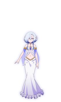 Rule 34 | 1girl, alpha transparency, armlet, arms at sides, bare shoulders, bow, chest bow, closed mouth, clothing cutout, clothing request, commentary request, curtained hair, dress, flat chest, full body, gem, gold armlet, gold choker, gold ring, gold trim, gradient hair, hair between eyes, hair ornament, hair over one eye, hairclip, highres, invisible floor, jewelry, looking at viewer, megami "isekai tensei nani ni naritai desu ka" ore "yuusha no rokkotsu de", megami (yuusha no rokkotsu de), multicolored hair, navel, official art, outer glow, purple gem, see-through clothes, short hair, sleeveless, sleeveless dress, solo, standing, stomach cutout, tachi-e, transparent background, white bow, white dress, white hair, yellow eyes