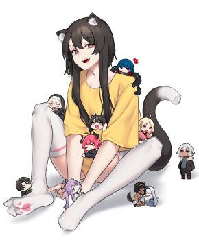 2boys 6+girls :3 :d absurdres animal_ears artist_self-insert bare_shoulders black_coat black_hair blonde_hair blue_eyes blue_hair bow cat_ears cat_tail chibi closed_eyes coat dark-skinned_female dark_blue_hair dark_skin demon_girl demon_horns facial_scar full_body fur-trimmed_jacket fur_trim grey_hair hair_ornament halo heterochromia highres holding_hands horns jacket long_hair looking_at_viewer mini_person minigirl multiple_boys multiple_girls nun one_eye_closed open_mouth original paw_print_socks paw_print_soles purple_hair red_eyes red_hair scar scar_on_cheek scar_on_face shirt short_hair smile soles spread_legs svet_yomi tail tail_raised thighhighs twintails white_hair white_shirt white_thighhighs yellow_eyes yellow_shirt