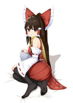 1girl ascot black_pantyhose bow brown_eyes brown_hair commentary detached_sleeves doge_(jkdoge) frilled_bow frilled_hair_tubes frills hair_bow hair_tubes hakurei_reimu highres long_hair looking_at_viewer open_mouth pantyhose red_bow red_skirt ribbon-trimmed_sleeves ribbon_trim scarf skirt skirt_set solo touhou variant_set yellow_ascot yellow_scarf