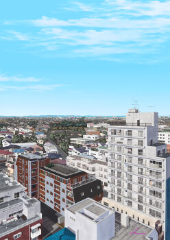 amari apartment artist_name building commentary_request day highres house mountainous_horizon no_humans original outdoors railing road scenery town window