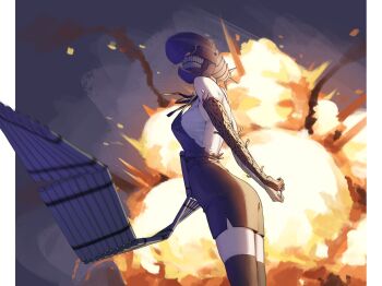 1girl apron arms_behind_back black_apron black_gloves black_shorts black_thighhighs bomb_devil_(chainsaw_man) breasts chainsaw_man dynamite elbow_gloves explosion explosive gloves highres medium_breasts object_head shirt shorts sleeveless sleeveless_shirt solo teeth thighhighs white_shirt woottak09