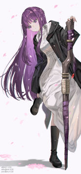 1girl adjusting_footwear black_boots black_coat bluesky_username blunt_bangs blush boots buttons closed_mouth coat collar commentary dress falling_petals fern_(sousou_no_frieren) frilled_collar frills full_body hair_intakes hand_up highres holding holding_staff long_coat long_dress long_hair long_sidelocks long_sleeves mage_staff oto1_030 petals pink_petals pixiv_id purple_eyes purple_hair sidelocks solo sousou_no_frieren staff standing standing_on_one_leg twitter_username white_background white_collar white_dress