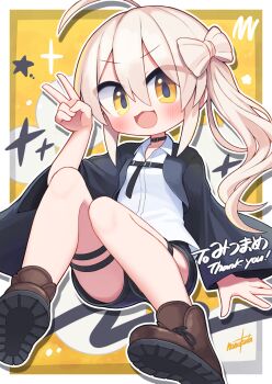 Rule 34 | 1girl, :3, ahoge, black jacket, black shorts, blush, boots, bow-shaped hair, breasts, brown boots, collared shirt, commentary request, commission, highres, jacket, knees up, long hair, looking at viewer, multiple thigh straps, nanatsuta, open mouth, original, shirt, short shorts, shorts, side ponytail, sitting, skeb commission, small breasts, smile, solo, thigh strap, v, white hair, white shirt, yellow eyes