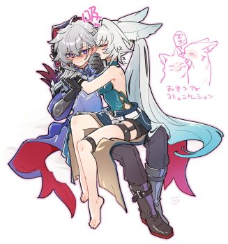 1boy 1girl ahoge animal_ear_fluff barefoot blush breasts claws closed_eyes clothing_cutout coattails commentary_request earrings embarrassed feathers feixiao_(honkai:_star_rail) fox_girl gloves gradient_hair grey_hair hetero high_ponytail honkai:_star_rail honkai_(series) jewelry long_hair moze_(honkai:_star_rail) multicolored_hair okoucha5959 on_lap pants ponytail purple_eyes pushing_away shoes sitting sleeveless tailcoat teasing thigh_strap very_long_hair white_hair