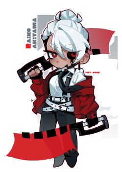 Rule 34 | 1girl, absurdres, belt, character name, chibi, chibi inset, dual wielding, earrings, fingerless gloves, formal clothes, gloves, hair bun, highres, holding, hood, hoodie, jacket, jewelry, leather, leather jacket, multiple belts, necktie, ny 000a, original, piercing, red hoodie, red jacket, suspenders, tan, white background, white hair