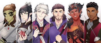 Rule 34 | 2girls, 4boys, abs, absurdres, armor, astarion, baldur's gate, baldur's gate 3, braid, brown hair, cigar, closed mouth, colored skin, dark-skinned male, dark skin, dungeons & dragons, dungeons &amp; dragons, gale (baldur's gate), grey background, grey hair, hair bun, highres, holding, holding knife, holding sword, holding weapon, karlach, knife, lae'zel, multiple boys, multiple girls, pointy ears, rapier, red eyes, red skin, red vest, shadowheart (baldur's gate), sword, toned, toned male, touoh, vest, weapon, white hair, wyll (baldur's gate)