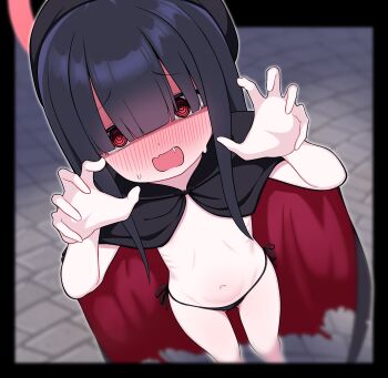 1girl absurdres arms_up black_cloak black_hair black_panties blue_archive blush claw_pose cloak covered_eyes embarrassed fang flat_chest from_above full-face_blush hair_over_eyes halloween highres justice_task_force_member_(blue_archive) loli long_bangs long_hair looking_at_viewer navel nearly_naked_cloak no_pants open_cloak open_clothes open_mouth panties red_cloak red_eyes side-tie_panties solo stomach sweat thighs two-sided_cloak two-sided_fabric underwear vampire_costume zing_(z_z_zing)