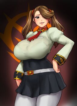 1girl alternate_breast_size_(larger) belt black_skirt bra_visible_through_clothes brown_eyes brown_hair covered_navel cow erkaz grey_pantyhose gundam gundam_build_fighters gundam_build_fighters_try hair_over_one_eye hand_on_own_hip highres juliet_sleeves long_hair long_sleeves looking_at_viewer pantyhose parted_lips pleated_skirt puffy_sleeves sazaki_kaoruko skirt smile solo twintails