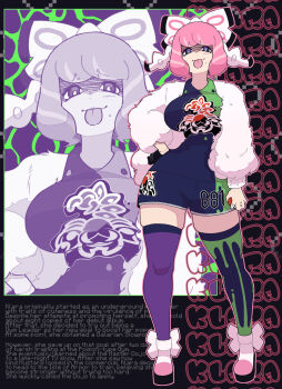 1girl asymmetrical_legwear bow bracelet breasts collared_shirt commentary contrapposto drill_hair drill_sidelocks english_text eyeshadow flipped_hair fur_jacket gloves hair_bow hairband hand_on_own_hip highres holding holding_poke_ball jacket jewelry klara_(pokemon) konton_(konkonthetonton) large_breasts makeup mismatched_thighhighs mole mole_under_mouth nintendo pink_eyeshadow pink_hair pink_lips poke_ball poke_ball_(basic) pokemon pokemon_swsh print_shirt print_shorts purple_eyes raised_eyebrows ring shaded_face shirt short_hair shorts side_slit side_slit_shorts sidelocks single_glove smile solo tongue tongue_out two-tone_shirt two-tone_shorts two-tone_thighhighs white_bow white_hairband