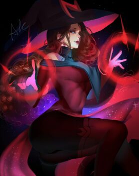 1girl absurdres animification arialla_draws ass avengers_(series) breasts brown_hair dress gloves hat highres long_hair looking_at_viewer magic marvel marvel_rivals pantyhose scarlet_witch smile solo thighhighs wanda_maximoff witch