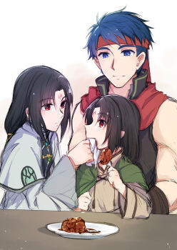 3boys black_hair blue_eyes blue_hair capelet child commentary_request dual_persona facial_mark fire_emblem fire_emblem:_path_of_radiance fire_emblem:_radiant_dawn fire_emblem_heroes food forehead_mark fork headband highres holding holding_fork holding_napkin ike_(fire_emblem) ike_(vanguard_legend)_(fire_emblem) long_hair male_focus mochi88543 multiple_boys napkin nintendo plate red_eyes red_headband short_hair soren_(fire_emblem) soren_(hushed_voice)_(fire_emblem) soren_(radiant_confidant)_(fire_emblem) wiping_mouth