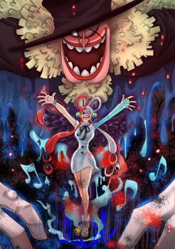 1girl 1other arms_up artist_request bare_legs black_ribbon black_wings breasts buttons cowboy_shot creature creepy demon devil_fruit dress empty_eyes evil_grin evil_smile eyelashes fangs floating_hair frilled_dress frills giant gradient_background grin hair_over_one_eye hair_rings hat headphones highres lips long_hair long_sleeves looking_at_viewer multicolored_hair music musical_note neck_ribbon one_piece one_piece_film:_red open_clothes open_mouth puffy_long_sleeves puffy_sleeves purple_eyes red_hair ribbon shaded_face sharp_teeth sidelocks singing size_difference sleeves_past_wrists smile split-color_hair summoning teeth tot_musica_(one_piece) two-tone_hair uta_(one_piece) white_dress white_hair wide_hips wings