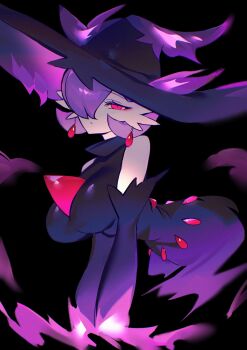 1girl absurdres alternate_breast_size_(larger) bare_shoulders black_background black_dress breasts chunniwa closed_mouth clothed_pokemon colored_skin detached_sleeves dress earrings expressionless floating fusion gardevoir gem gen_3_pokemon gen_4_pokemon ghost ghost_girl ghost_hands hair_over_one_eye hat highres jewelry large_breasts looking_at_viewer mismagius nintendo one_eye_covered pokemon pokemon_(creature) purple_hair red_eyes red_gem sleeveless solo teardrop_earrings white_skin witch_hat