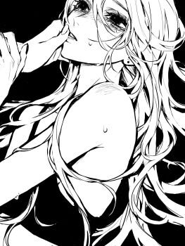 1girl 1other armpit_crease black_background bra finger_to_another&#039;s_mouth fingernails greyscale hair_between_eyes highres long_hair looking_up monochrome original parted_lips simple_background solo_focus sweat tearing_up teeniika thumb_to_mouth underwear upper_body