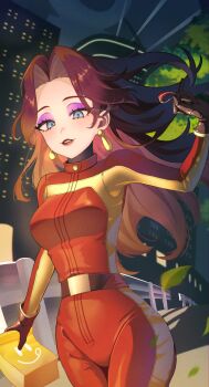 1girl absurdres amanegi_toro blue_eyes bodysuit brown_gloves brown_hair building city eyeshadow gloves highres long_hair looking_at_viewer makeup mario_(series) mario_kart mario_kart_world nintendo official_alternate_costume outdoors pauline_(aero)_(mario) pauline_(mario) purple_eyeshadow red_bodysuit skyscraper solo