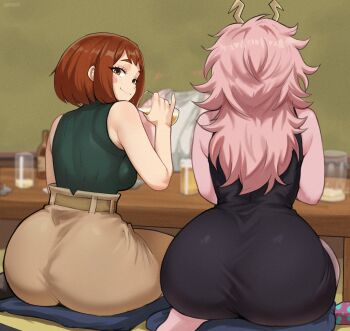 3girls aged_up alcohol ashido_mina ashido_mina_time-skip_(meme) ass ass_focus barefoot beer beer_mug belt black_dress blurry blurry_background blush blush_stickers boku_no_hero_academia bottle breasts brown_belt brown_eyes brown_hair brown_skirt closed_mouth colored_skin cup curvy cushion dress drinking_glass feet film_grain from_behind green_shirt hagakure_toru highres holding holding_cup horns huge_ass indoors invisible long_hair looking_at_viewer looking_back medium_breasts mug multiple_girls nephrite_(nephrite_fur) pink_hair pink_skin pinky_out shirt short_hair sitting skirt sleeveless sleeveless_dress sleeveless_shirt smile soles table tight_clothes tight_dress uraraka_ochako white_shirt wide_hips yellow_horns zabuton