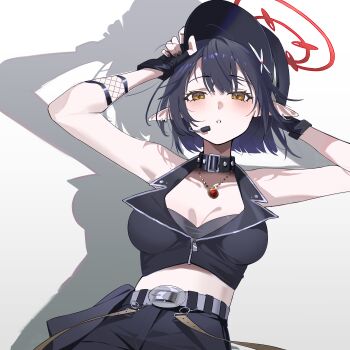 1girl absurdres adjusting_clothes adjusting_headwear asymmetrical_legwear ayane_(blue_archive) ayane_(idol)_(blue_archive) bare_shoulders belt_collar black_hair black_hat black_shorts blue_archive breasts cleavage collar crop_top fingerless_gloves gloves halo hat highres idol_clothes jewelry navel necklace no_eyewear official_alternate_costume pointy_ears red_halo shirt short_hair shorts shuishi_tidu simple_background sleeveless sleeveless_shirt solo yellow_eyes