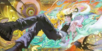 1girl black_boots black_pants black_scales blue_vest boots bracelet bulletproof_vest chewing_gum cloud double_bun dragon earrings elephant eyeshadow fish from_below gold_fingernail hair_bun hand_scar holding holding_removed_eyewear jewelry makeup multicolored_eyes multiple_rings nanase_miri original pants red_eyeshadow ring scar scar_on_neck shirt sitting unworn_eyewear vest white_shirt