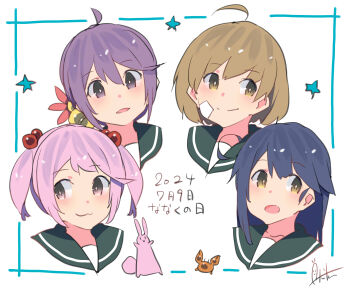 Rule 34 | 4girls, absurdres, ahoge, akebono (kancolle), bandaid, bell, blue hair, blush, brown eyes, brown hair, closed mouth, crab, flower, hair bell, hair bobbles, hair flower, hair ornament, highres, inica, kantai collection, long hair, medium hair, multiple girls, oboro (kancolle), open mouth, pink eyes, pink hair, purple eyes, purple hair, rabbit, sailor collar, sazanami (kancolle), school uniform, serafuku, short hair, signature, twintails, ushio (kancolle)